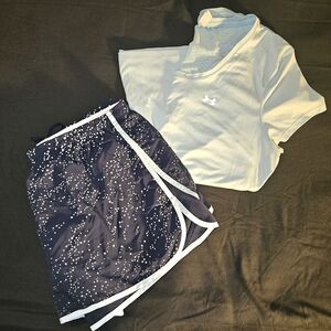 Under Armour Light Blue Short Sleeve Top with Navy/Light Blue Dot Running Shorts